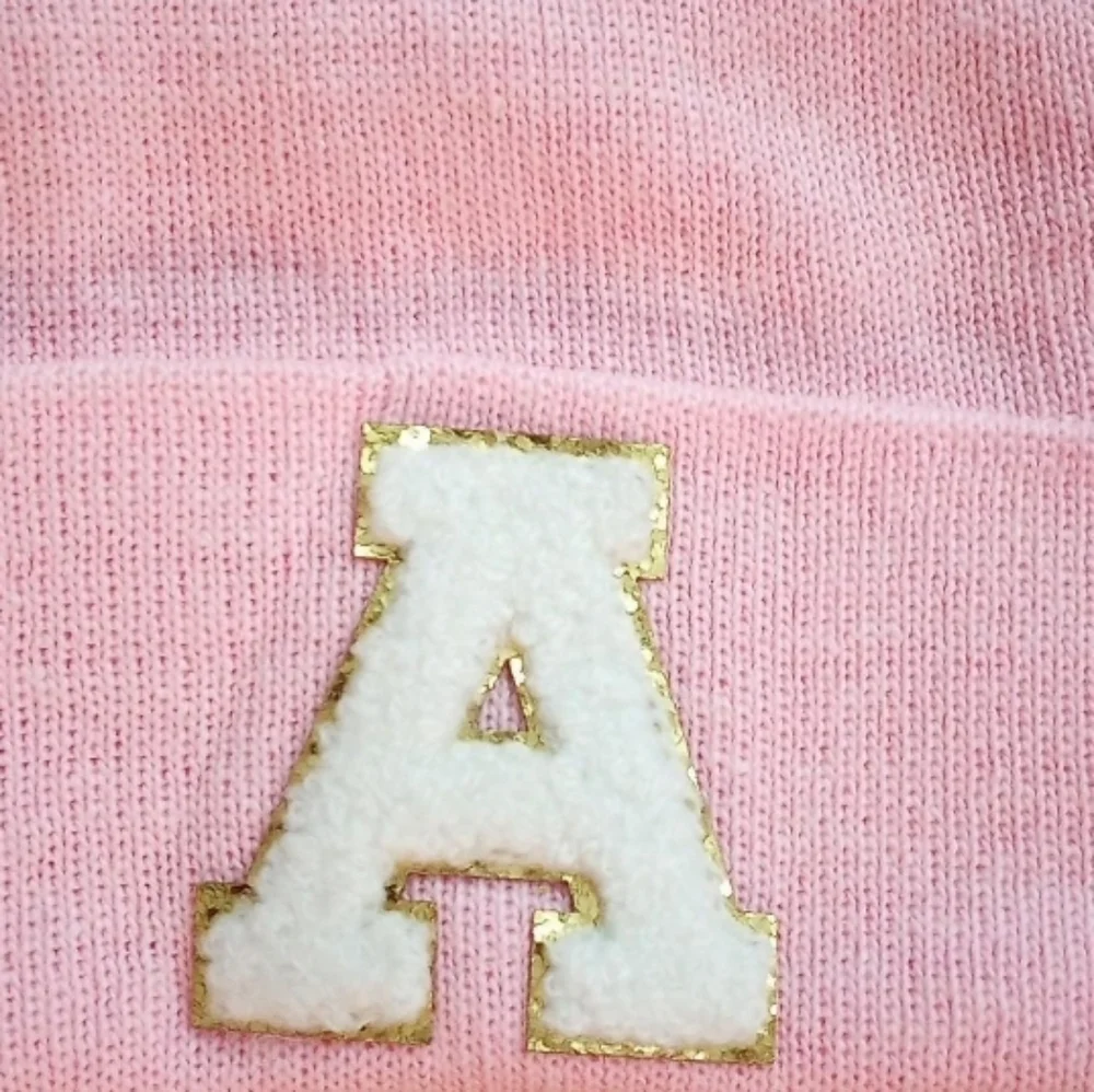 Girls Knitted Pink Pom Pom Beanie With White & Gold Letter Initial A